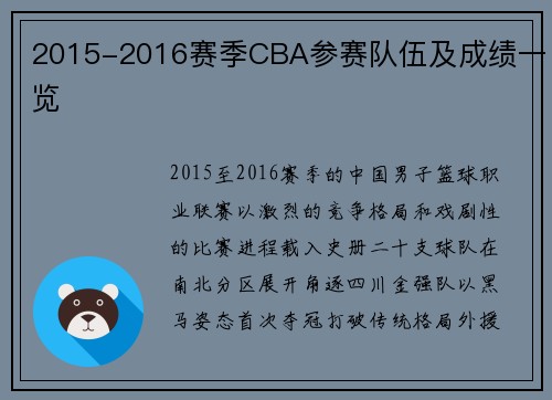 2015-2016赛季CBA参赛队伍及成绩一览